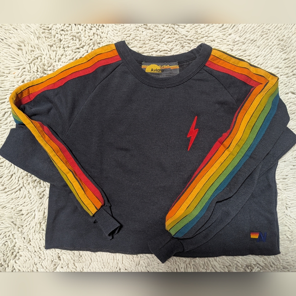 Aviator Nation Blue Cropped Striped Crew Neck Sweatshirt- Size XL